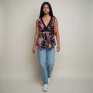 Vintage 2000s Y2K Self Esteem Groovy Floral Babydoll Lace Trim Mesh Medium